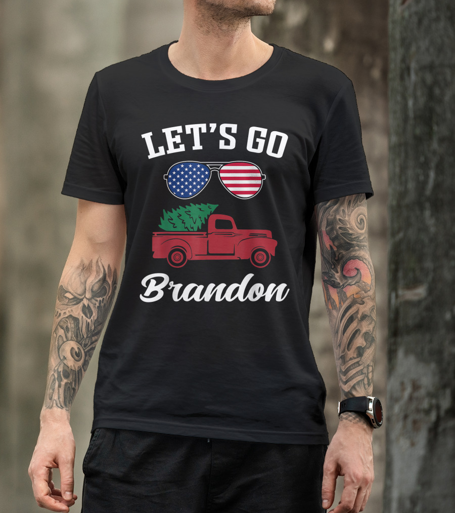 LET'S GO BRANDON American Flag Sunglasses Red Truck Christmas Tree T-Shirt