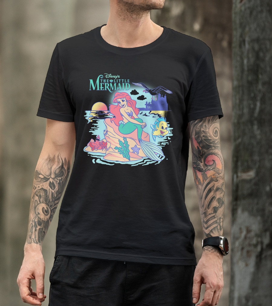 Disney's The Little Mermaid Ariel With Flounder And Sebastian By Castle At Sunset T-Shirt