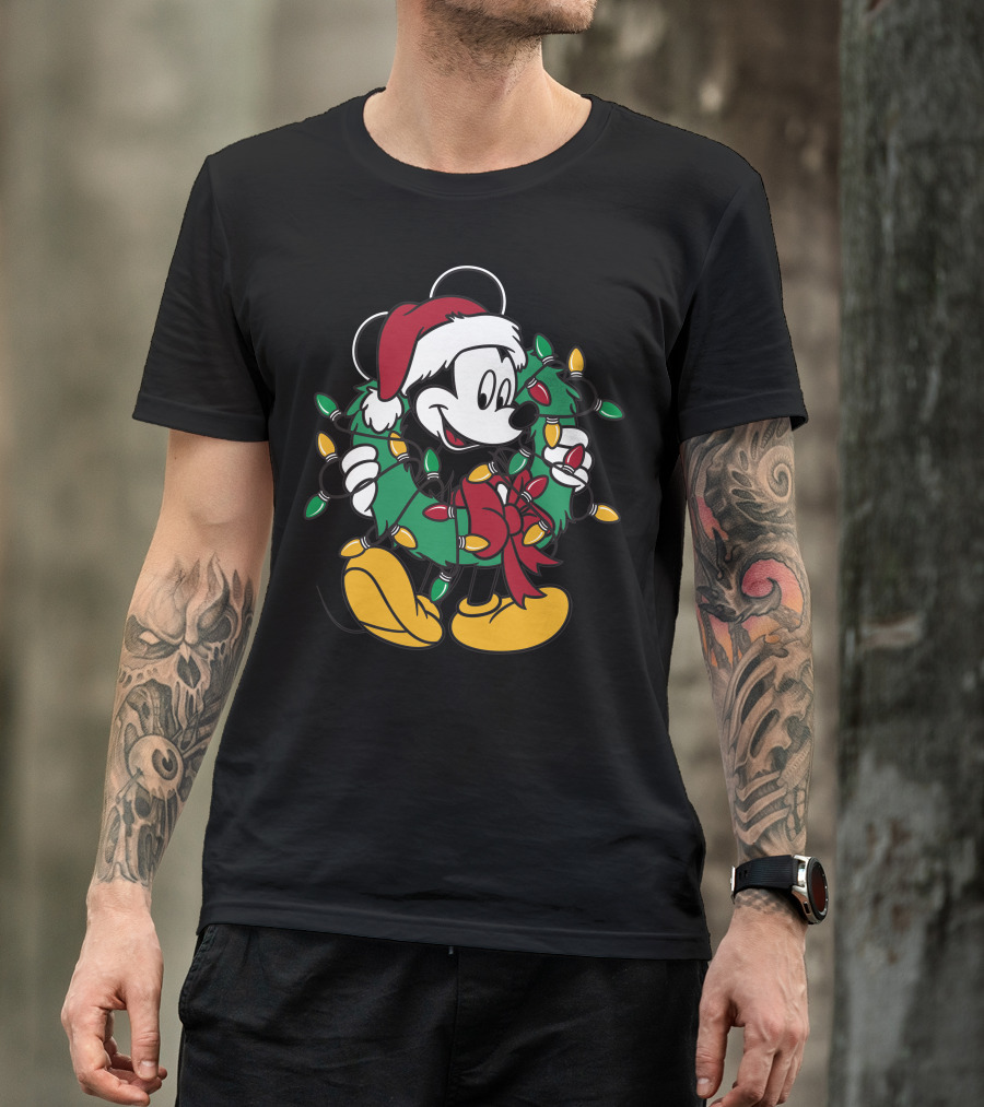 Disney Mickey Mouse Christmas Wreath Lights Santa Hat Holiday Decor T-Shirt