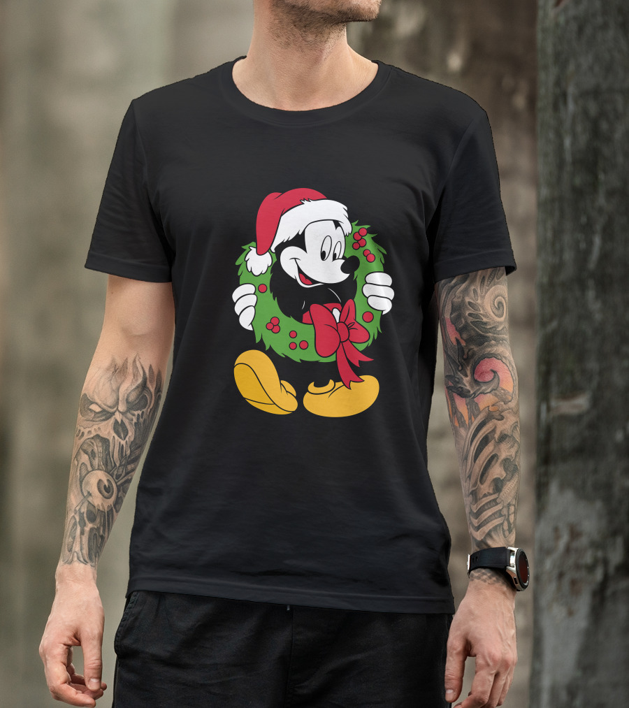 Disney Mickey Mouse Christmas Santa Hat Wreath Bow T-Shirt