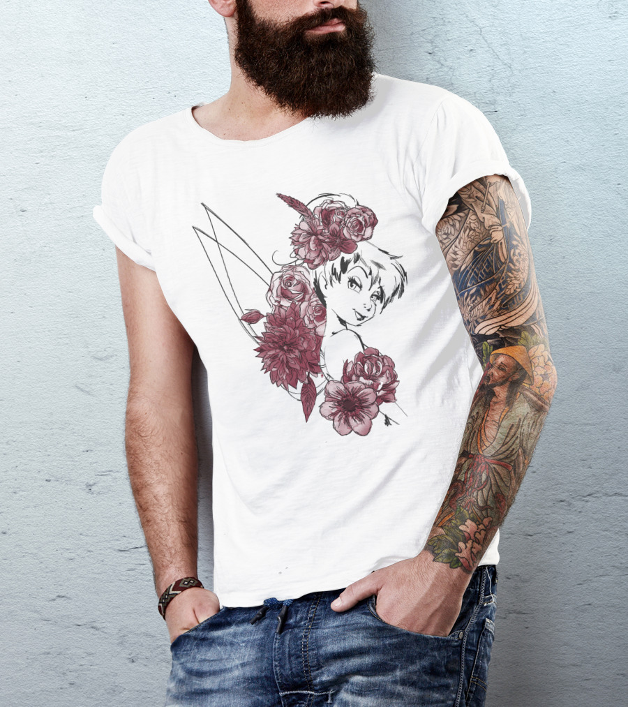 Disney Peter Pan Tinkerbell Red Floral Outline T-Shirt