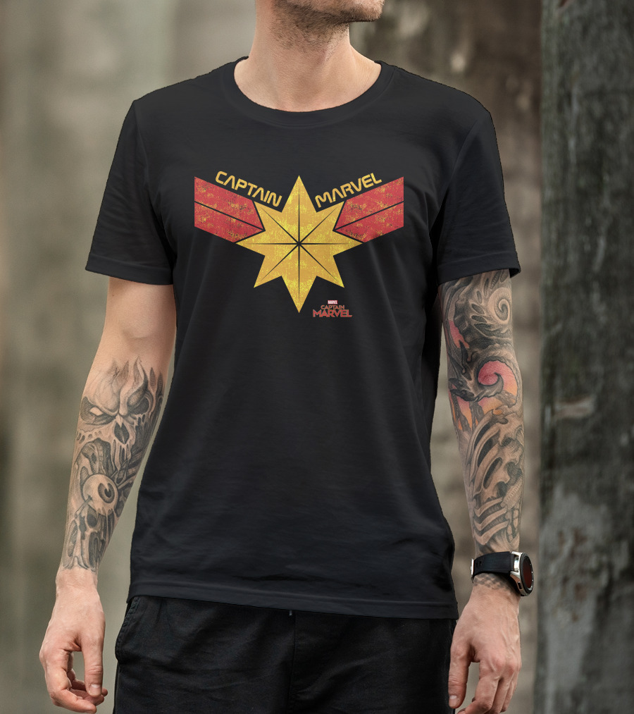 Captain Marvel Distressed Star Emblem With Red Ribbons T-Shirt