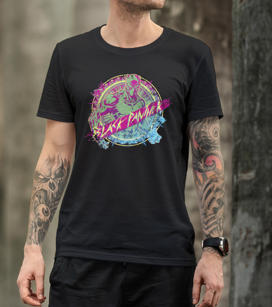 Black Panther Neon Paint Splatter Marvel Text T-Shirt