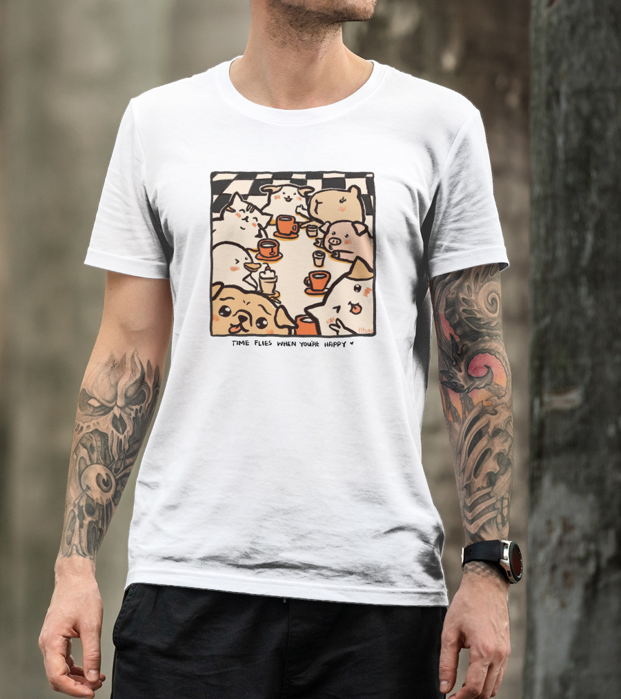 Time Flies When You're Happy With Cute Animals At Coffee Table T-Shirt