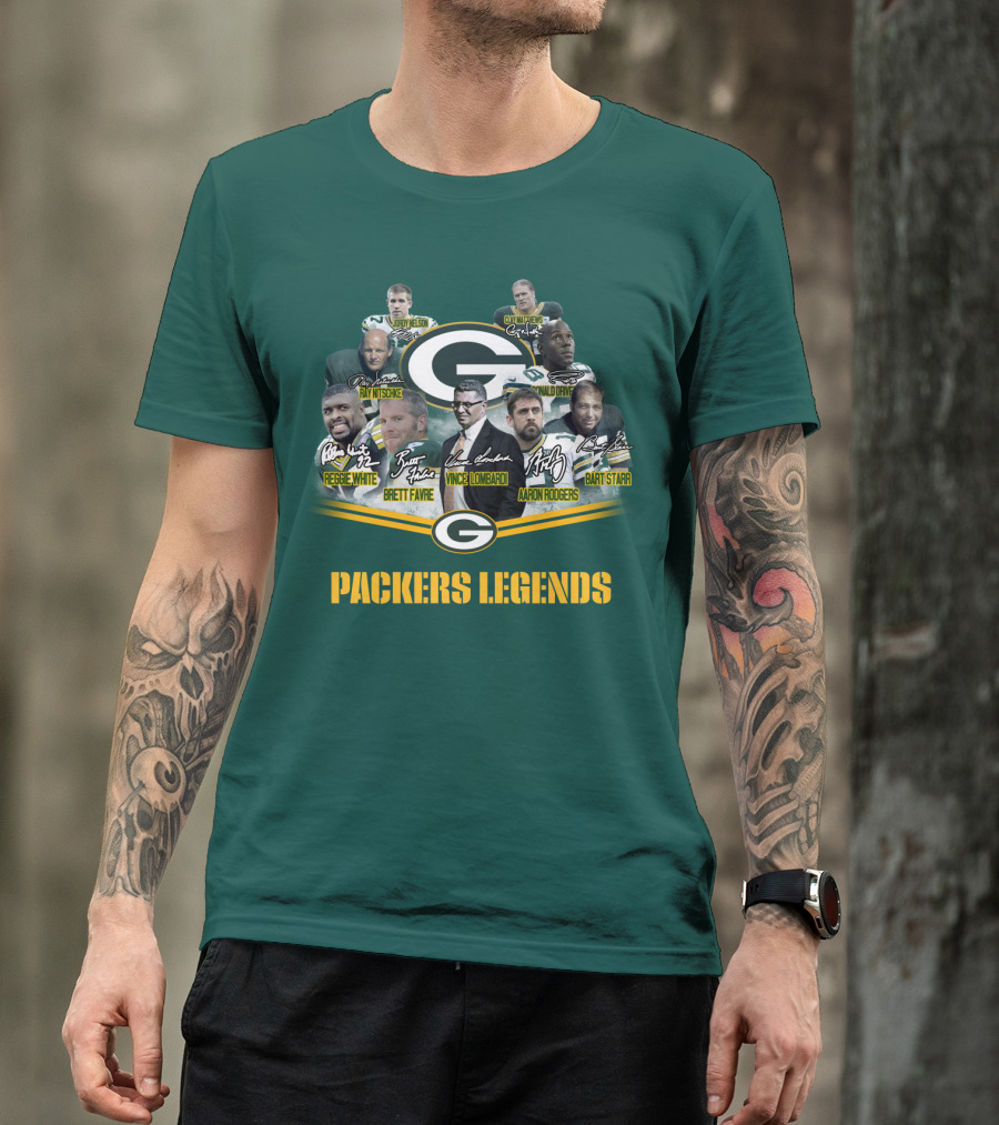 Packers Legends Vince Lombardi Reggie White Brett Favre Aaron Rodgers Ray Nitschke Bart Starr Curly Lambeau Paul Hornung T-Shirt