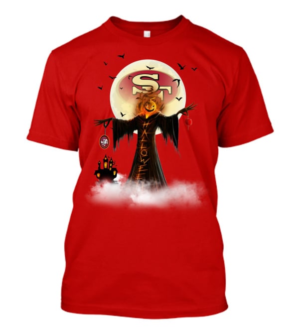 Halloween Scarecrow With Sf Logo And Haunted Castle T-Shirt