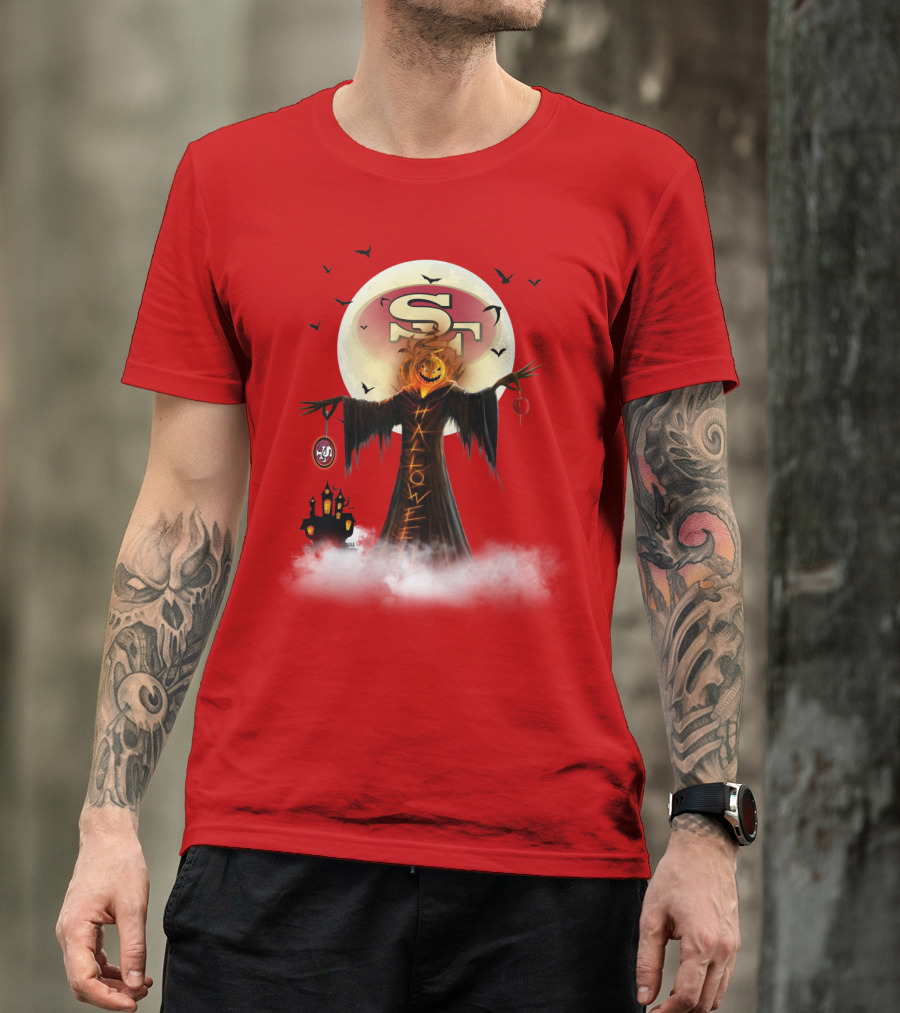 Halloween Scarecrow With Sf Logo And Haunted Castle T-Shirt