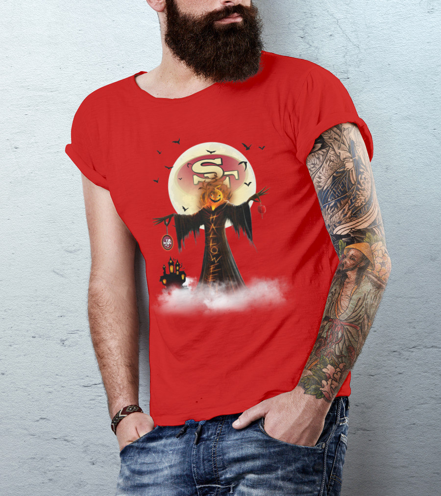Halloween Scarecrow With Sf Logo And Haunted Castle T-Shirt