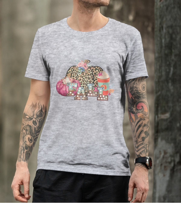 FALL Leopard Print Pumpkin With Coffee Latte And Flowers T-Shirt