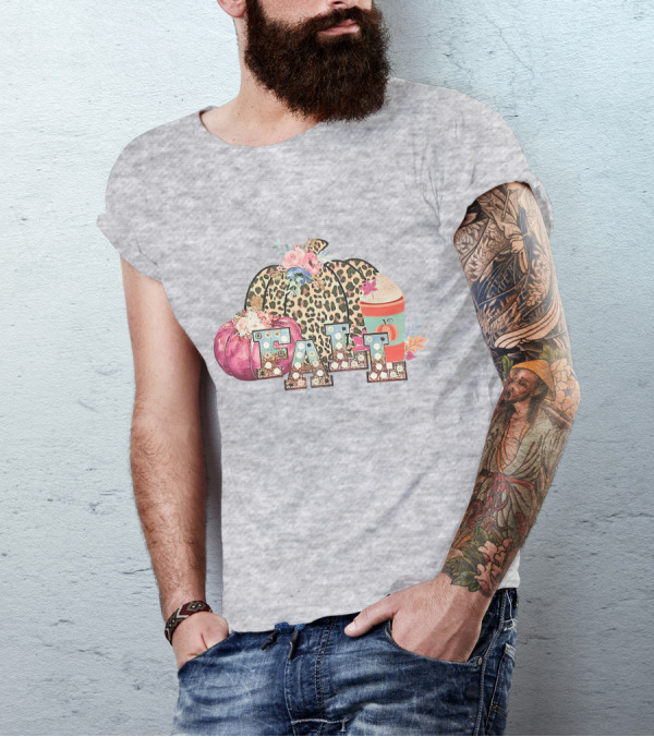 FALL Leopard Print Pumpkin With Coffee Latte And Flowers T-Shirt