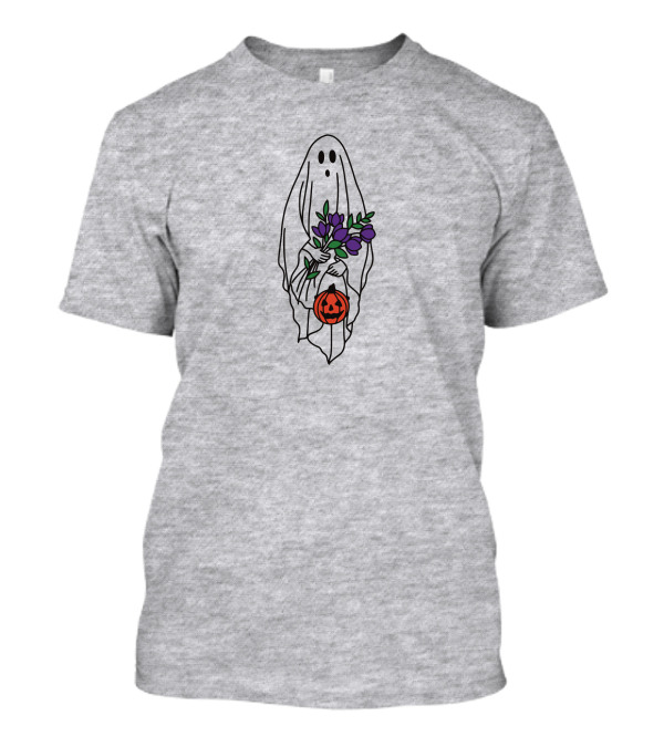 Spooky Ghost With Pumpkin And Purple Flowers Retro Halloween T-Shirt