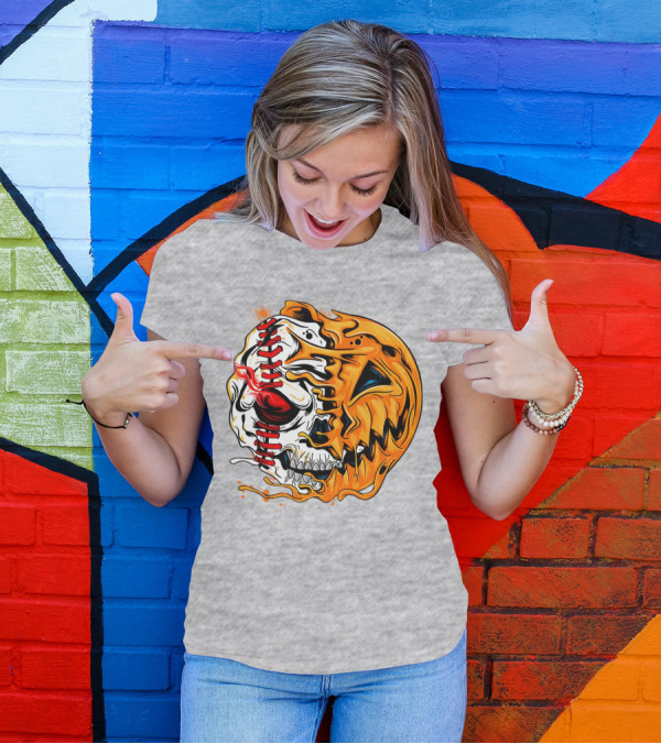 Baseball Pumpkin Skull Halloween Fusion T-Shirt