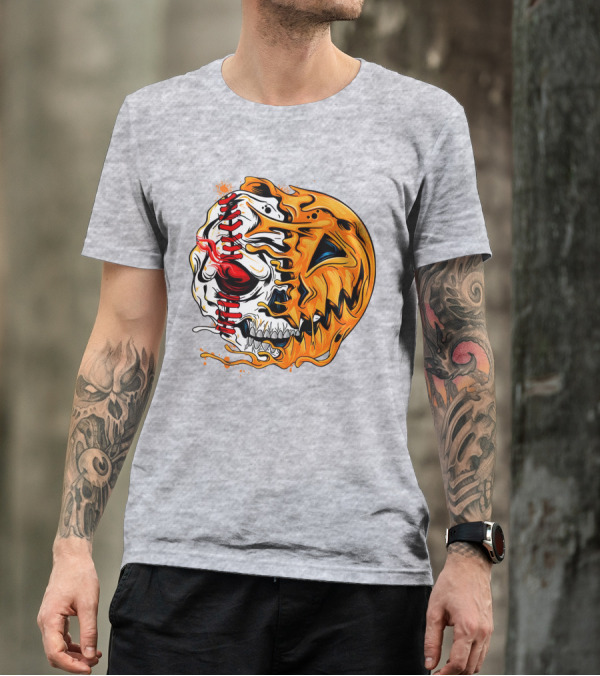 Baseball Pumpkin Skull Halloween Fusion T-Shirt