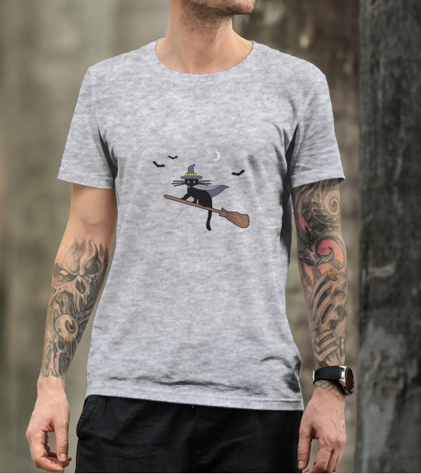 Black Cat Halloween Hocus Pocus Magic Broomstick Bat Lover T-Shirt
