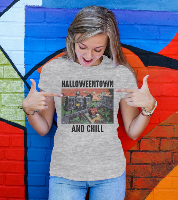 Halloweentown And Chill Spooky Town Scene With Lit Pumpkin Statue T-Shirt