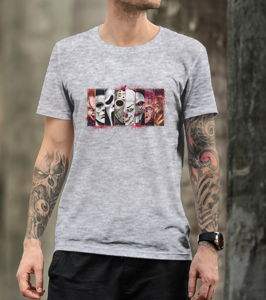 Chucky Ghostface Jason Voorhees Pennywise Jigsaw Pinhead Freddy Krueger Horror Movie Characters T-Shirt