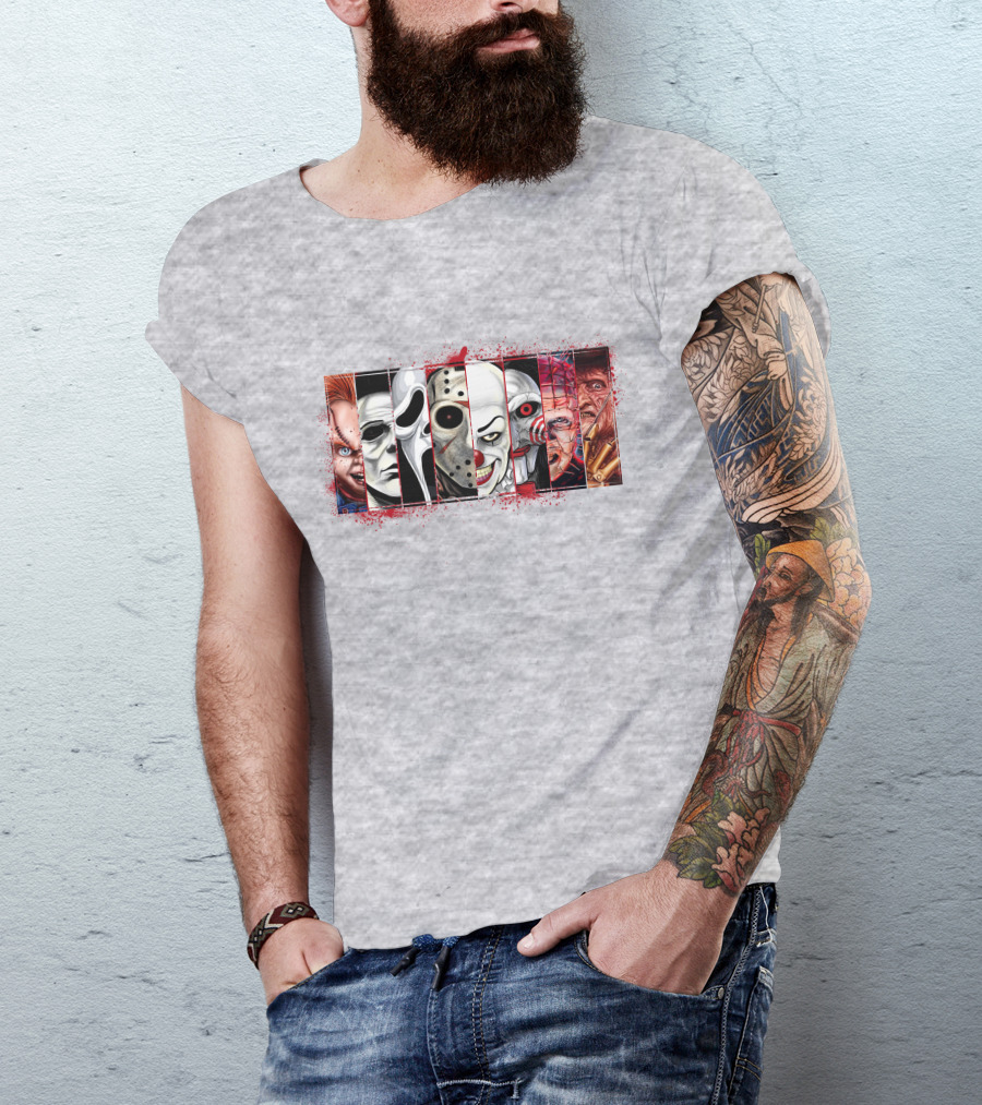 Chucky Ghostface Jason Voorhees Pennywise Jigsaw Pinhead Freddy Krueger Horror Movie Characters T-Shirt
