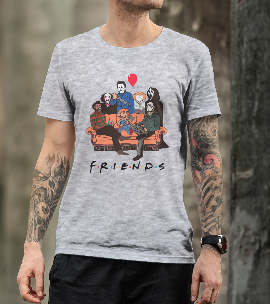 Famous Horror Movie Killers Characters Friends Sitting On Couch With Red Balloon T-Shirt