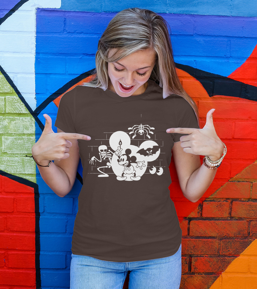 Mickey Mouse Haunted Halloween Mansion With Skeleton And Bat T-Shirt