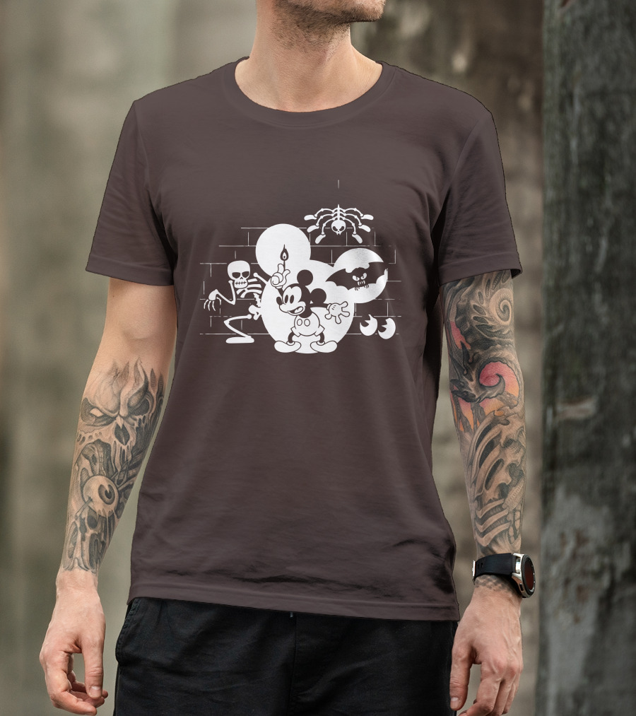 Mickey Mouse Haunted Halloween Mansion With Skeleton And Bat T-Shirt