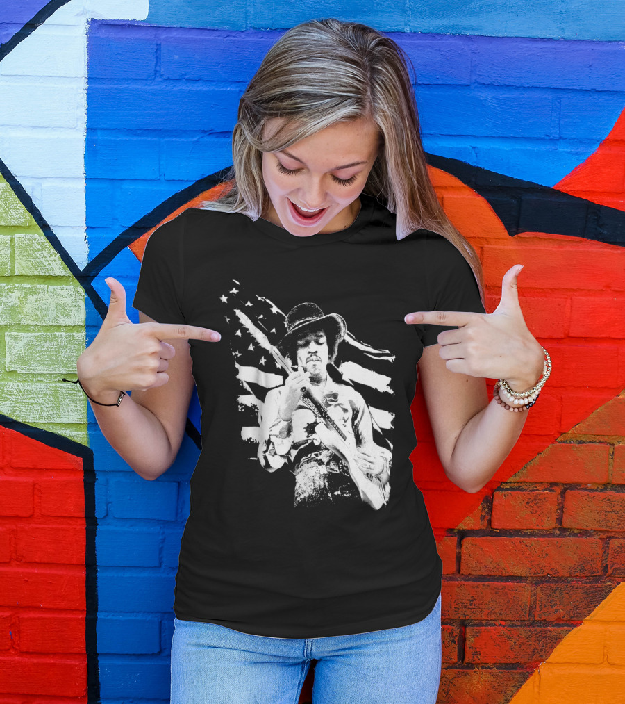 Jimi Hendrix Americana With Stars And Stripes Flag T-Shirt