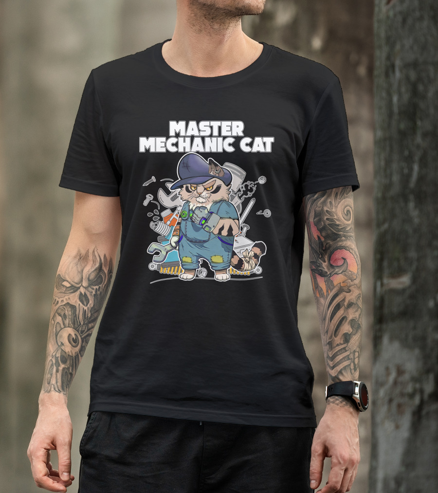 Master Mechanic Cat Repair Crew With Tools And Blue Overalls T-Shirt