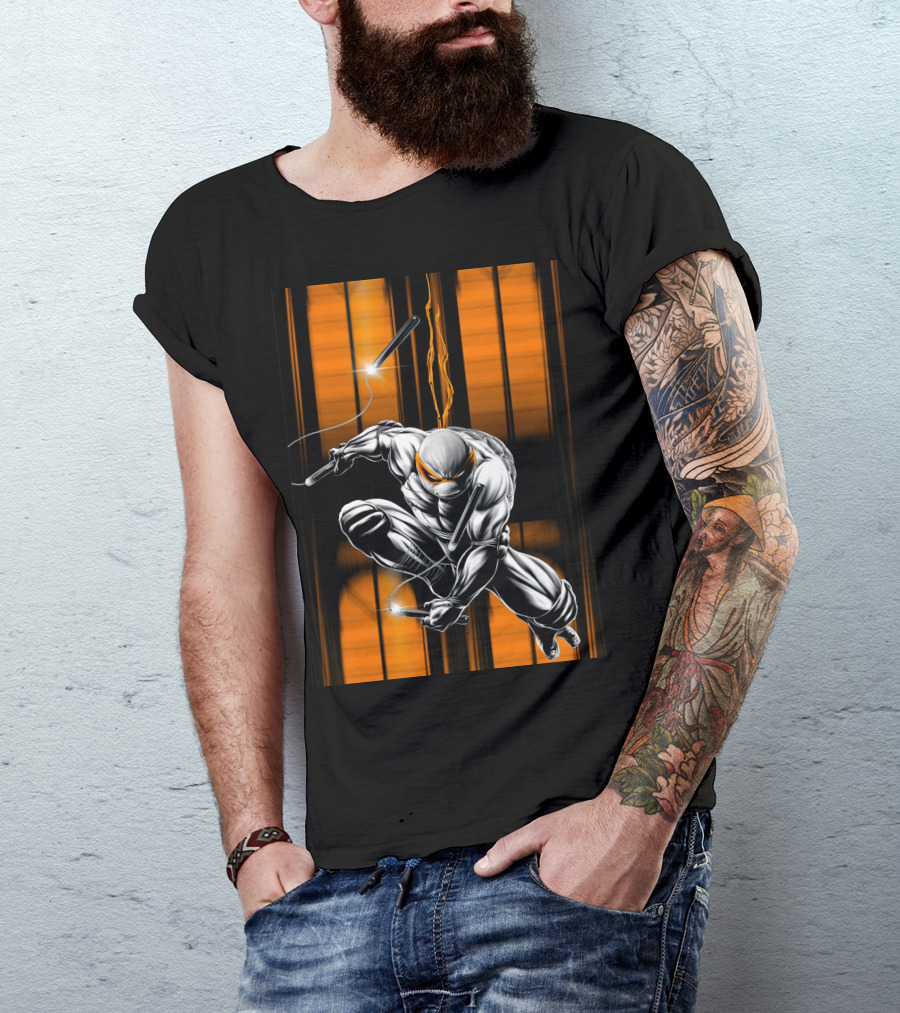 Michelangelo Ninja Turtle Nunchaku Action Orange Stripes T-Shirt