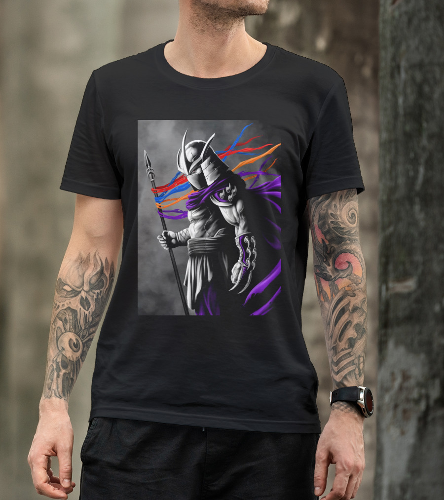 Shredder Villain With Spear And Flowing Cape In Colorful Ribbons T-Shirt