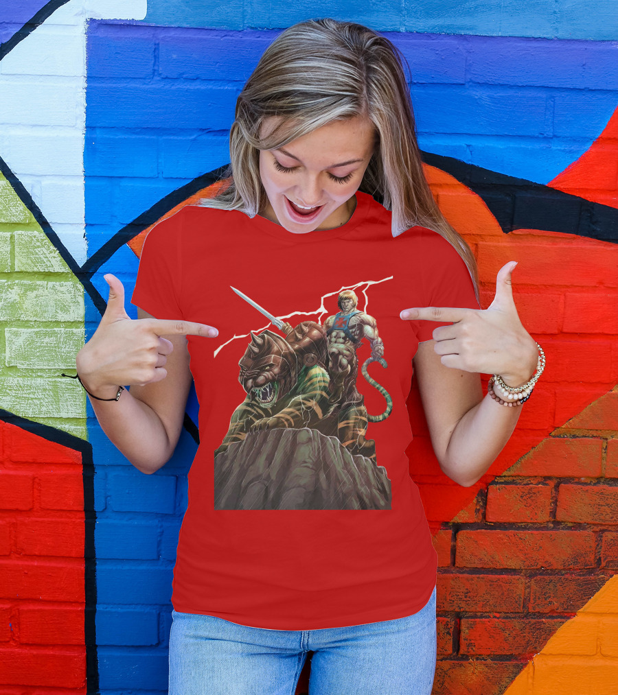 He-Man Masters Of The Universe Sword And Battle Cat On Rock With Lightning T-Shirt