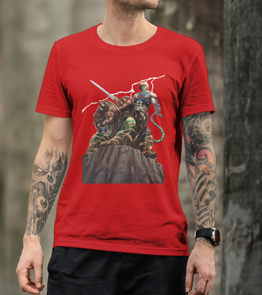 He-Man Masters Of The Universe Sword And Battle Cat On Rock With Lightning T-Shirt