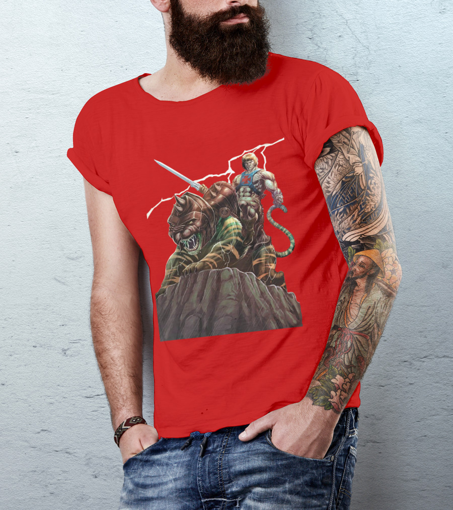 He-Man Masters Of The Universe Sword And Battle Cat On Rock With Lightning T-Shirt