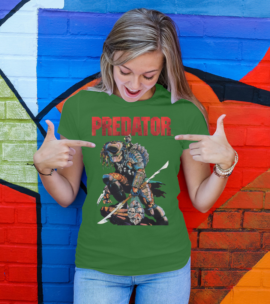 Predator Armored Warrior Kneeling With Blade And Skull Trophy T-Shirt