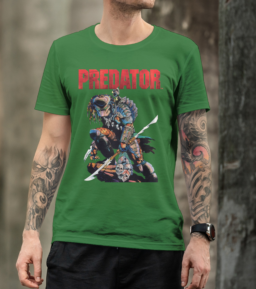 Predator Armored Warrior Kneeling With Blade And Skull Trophy T-Shirt