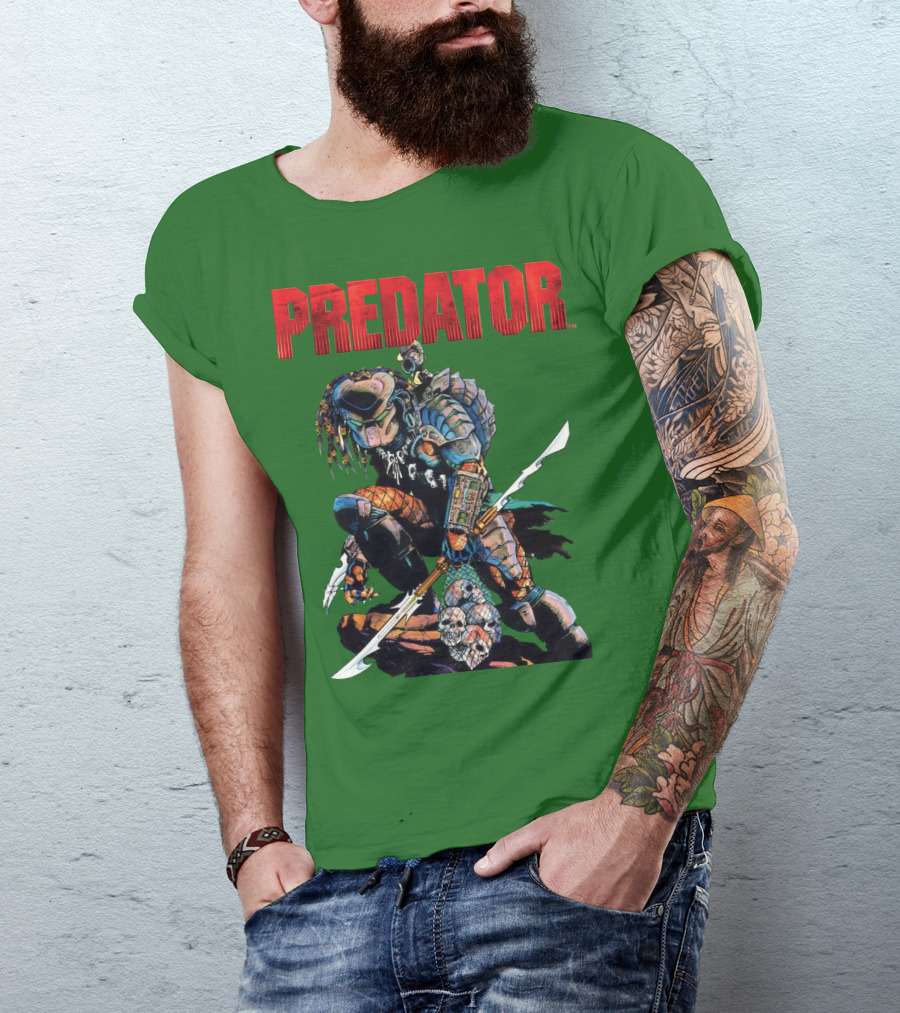 Predator Armored Warrior Kneeling With Blade And Skull Trophy T-Shirt