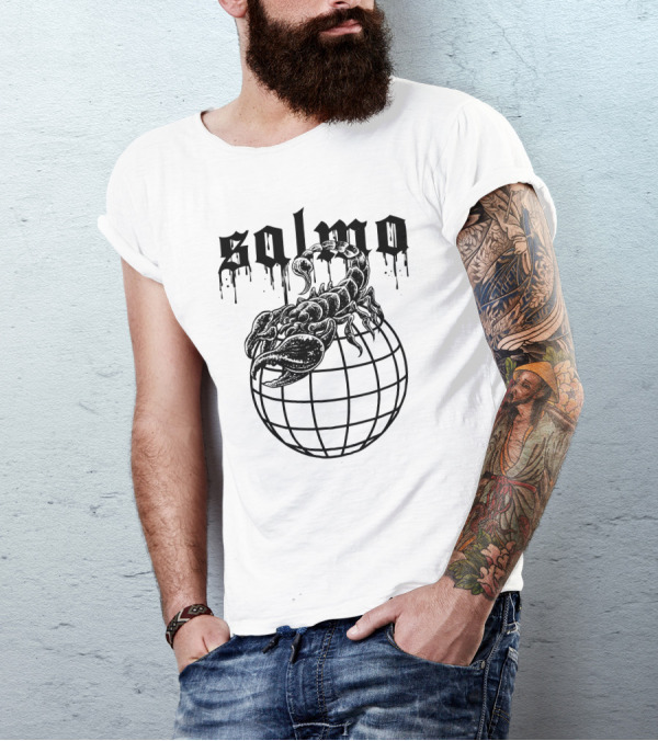Salmo Scorpio With Dripping Text And Scorpion On Globe T-Shirt