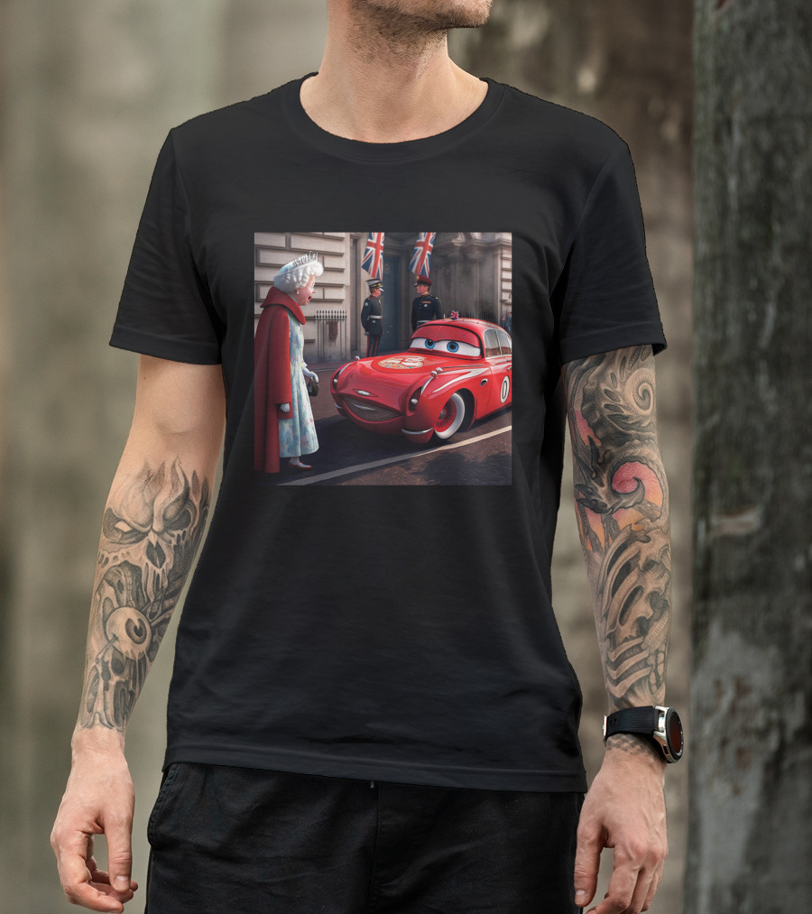 Lightning McQueen Meets Queen Of England With British Guards And Flags T-Shirt
