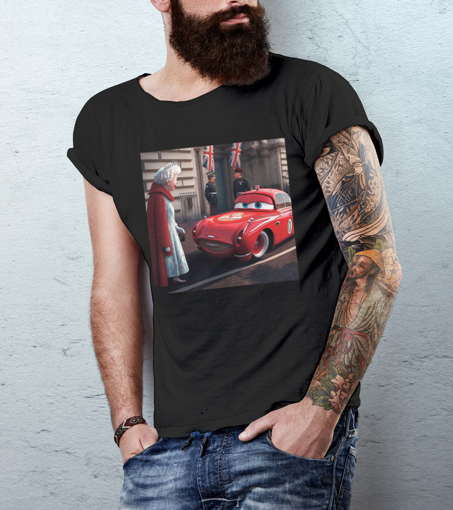 Lightning McQueen Meets Queen Of England With British Guards And Flags T-Shirt