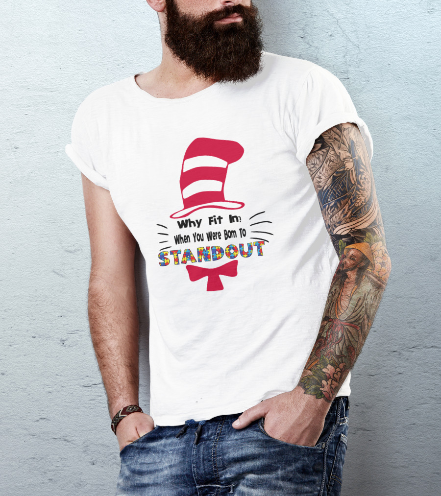 Why Fit In When You Were Born To Standout Autism Cat Hat Puzzle T-Shirt