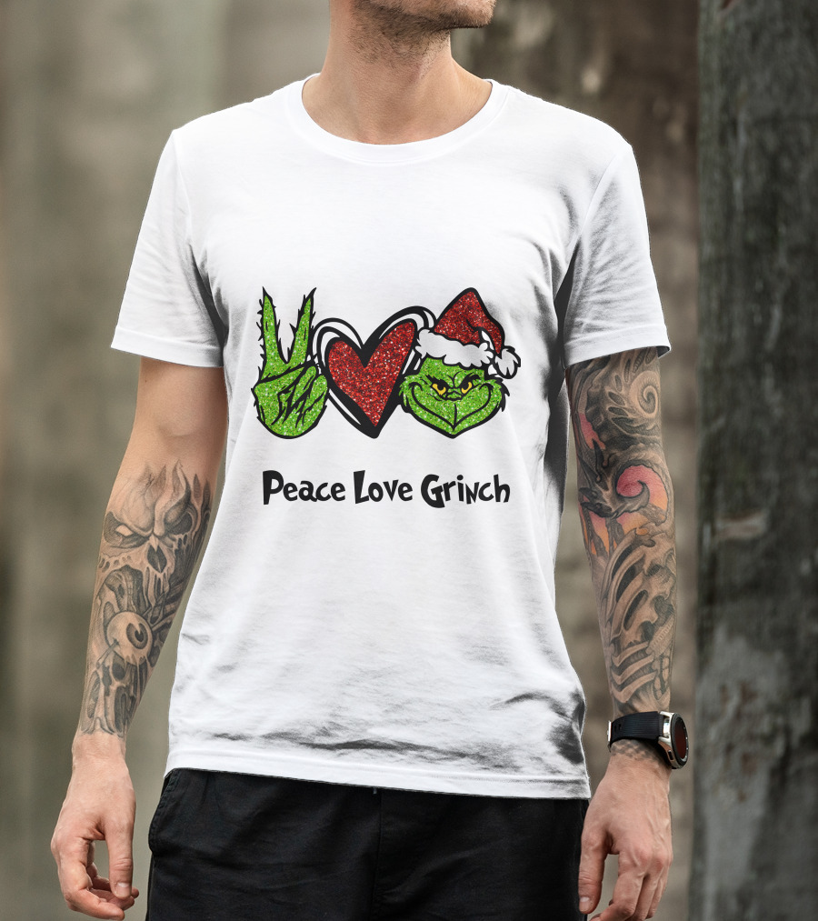Peace Love Grinch Glitter Christmas Santa Hat T-Shirt