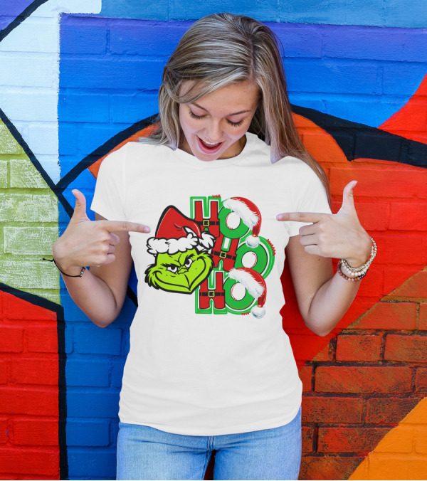 Grinch Ho Ho Ho Santa Hat Christmas T-Shirt