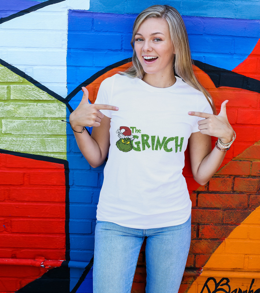 The Grinch Santa Hat Christmas Green Glittery Text T-Shirt