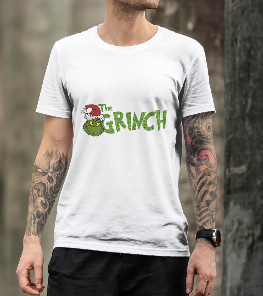The Grinch Santa Hat Christmas Green Glittery Text T-Shirt