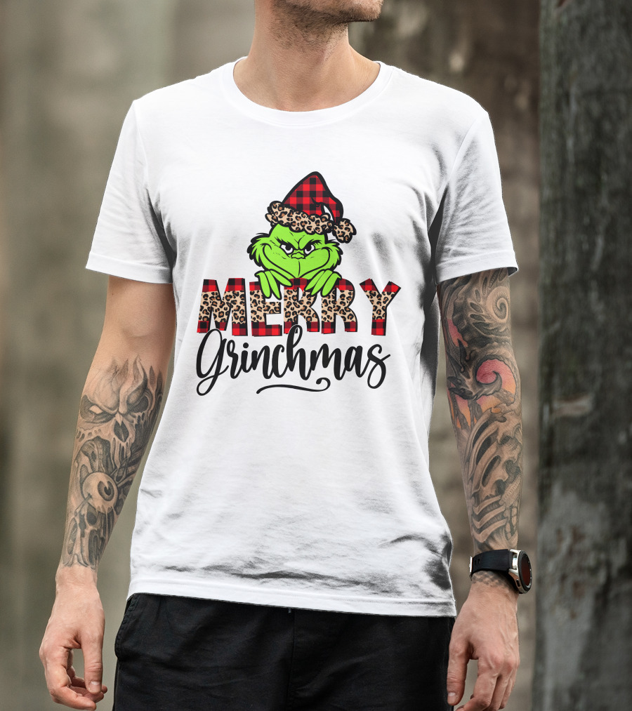 Merry Grinchmas Red Plaid And Leopard Print Christmas Grinch T-Shirt