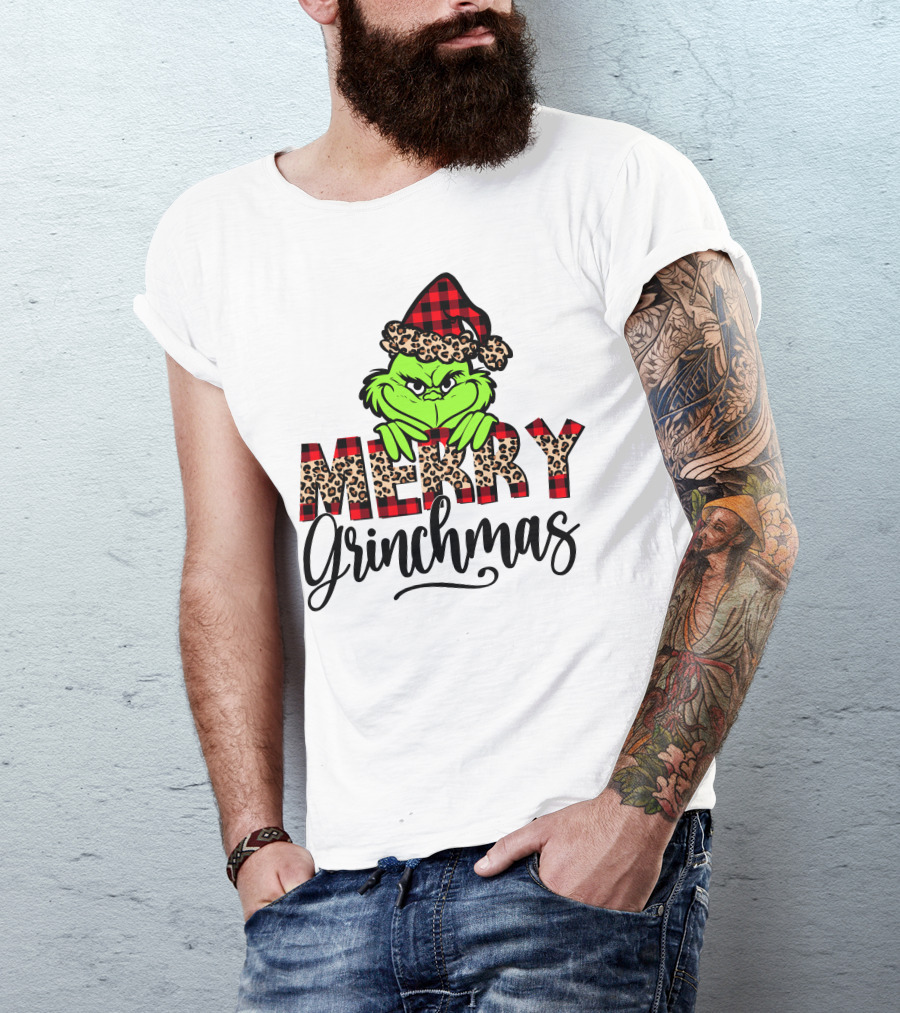 Merry Grinchmas Red Plaid And Leopard Print Christmas Grinch T-Shirt
