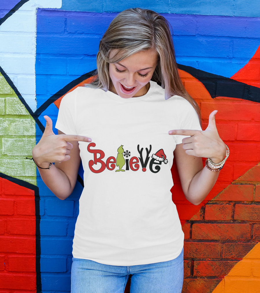 Grinch Believe Christmas Santa Hat Antlers T-Shirt
