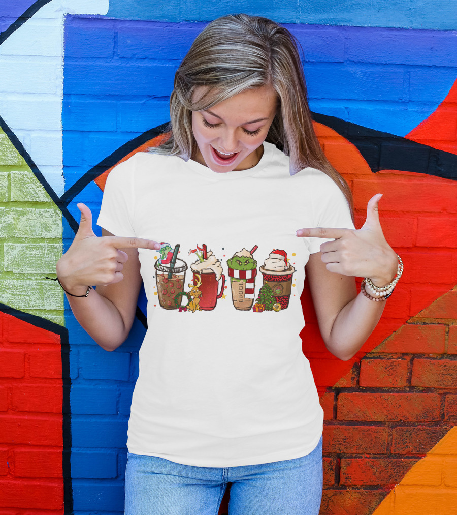 Grinch Christmas Coffee Drinks With Santa Hats And Holiday Decorations T-Shirt