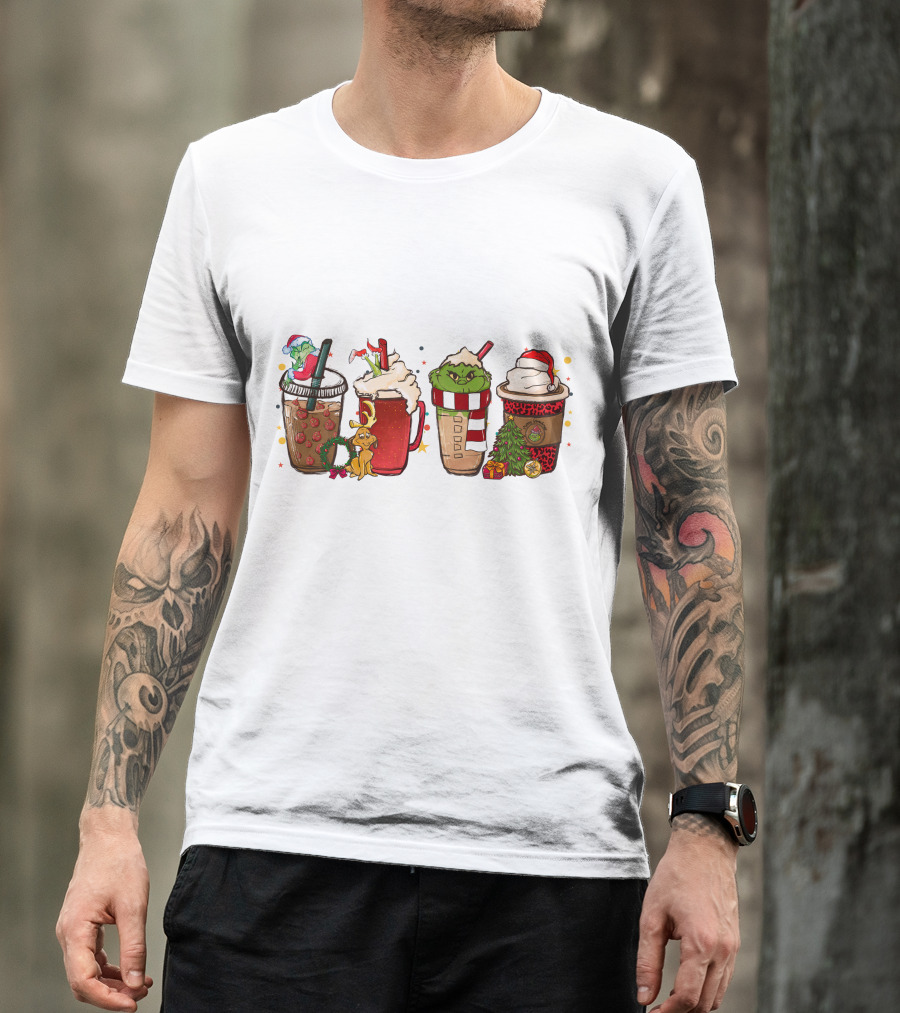 Grinch Christmas Coffee Drinks With Santa Hats And Holiday Decorations T-Shirt