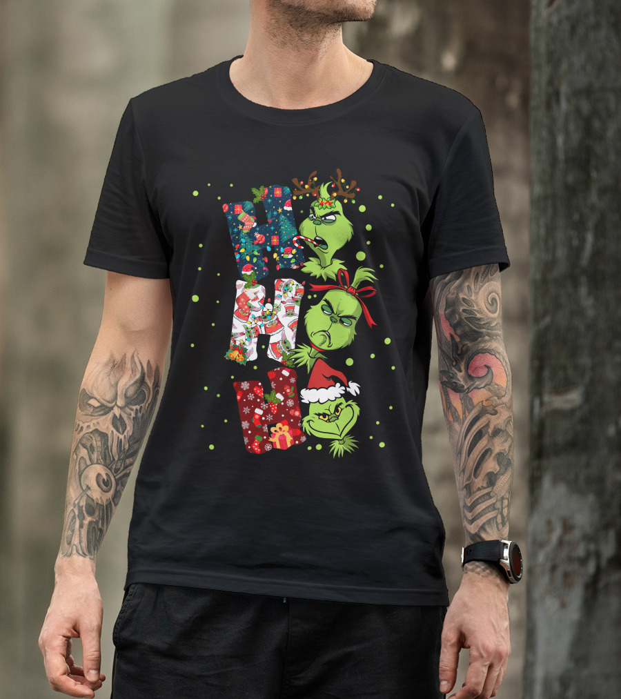 Grinch Ho Ho Ho Christmas Characters With Antlers And Santa Hat T-Shirt
