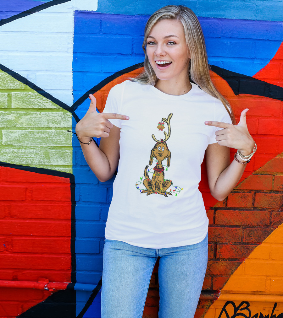 Grinch Max With Christmas Lights And Antlers T-Shirt