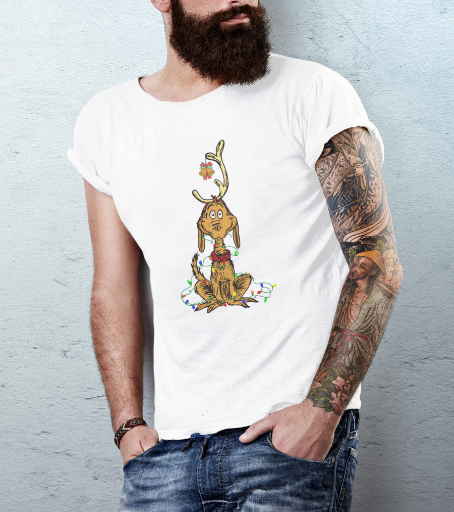 Grinch Max With Christmas Lights And Antlers T-Shirt